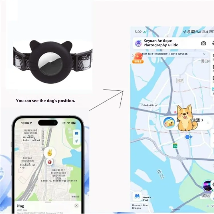 For AirTag Tracker Protector Cat Ear Design Silicone Case Pet Collar with ID Address Tag - Black