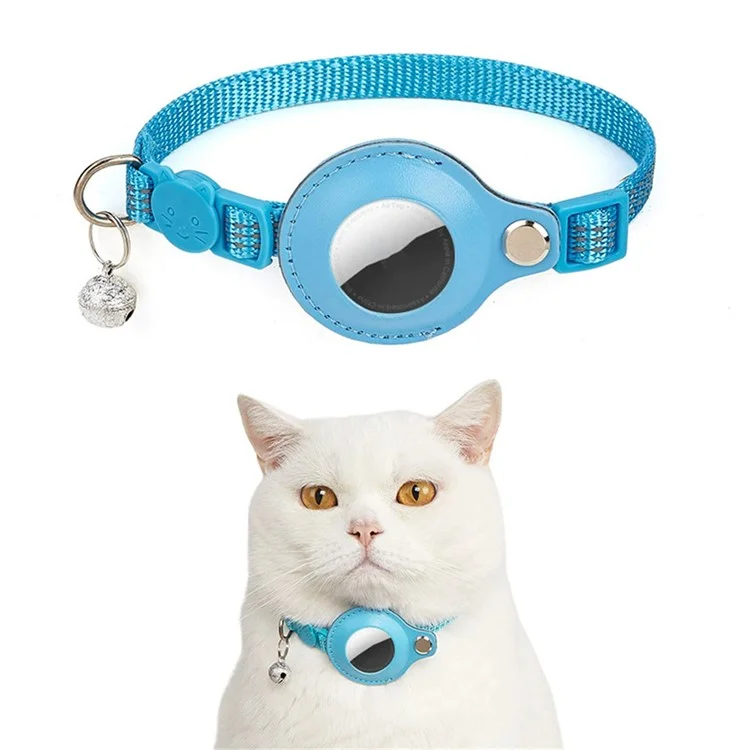 For AirTag Anti Lost Tracker PU Leather Protective Case Reflective Pet Collar with ID Tag - Sky Blue