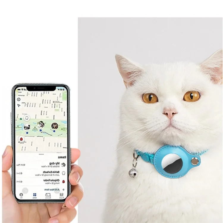 For AirTag Anti Lost Tracker PU Leather Protective Case Reflective Pet Collar with ID Tag - Sky Blue