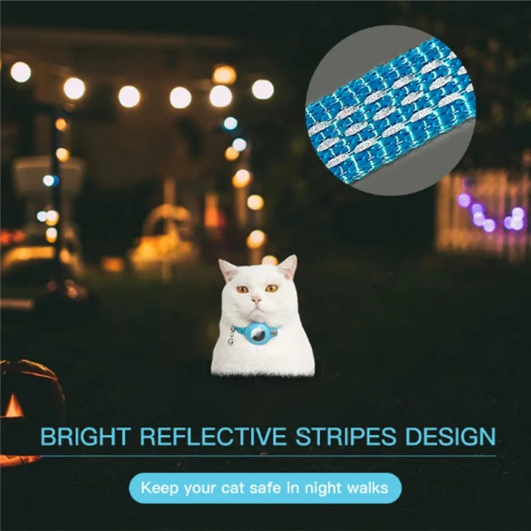 For AirTag Anti Lost Tracker PU Leather Protective Case Reflective Pet Collar with ID Tag - Sky Blue