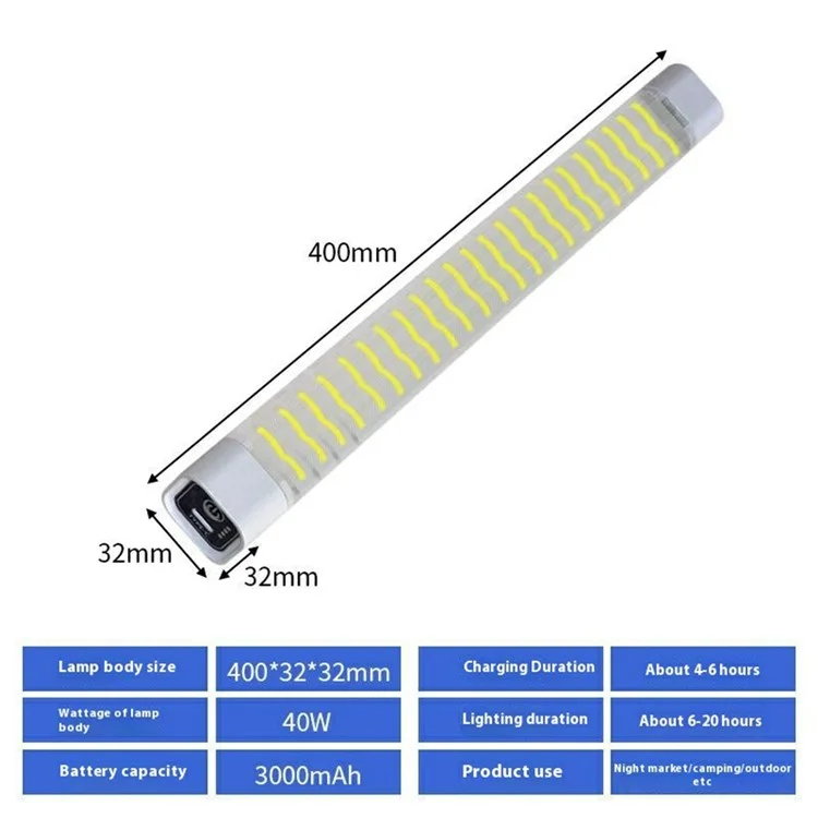 40W 65000K Waterproof LED Rechargeable Light Tube Magnetic Hanging Outdoor Emergency Lamp