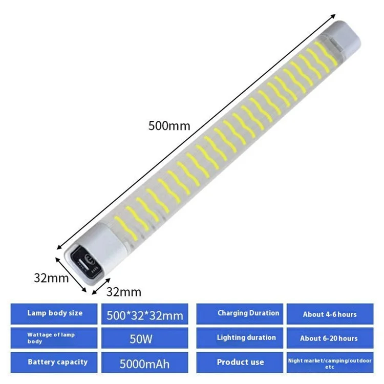 50W 65000K Waterproof LED Rechargeable Light Tube Magnetic Hanging Outdoor Emergency Lamp