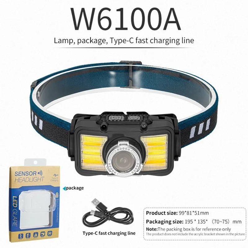 W6100A Lanterna de Cabeça LED Mini com Sensor de Movimento COB para Aventura Externa e Pesca - Iluminação de Alta Intensidade - Preto