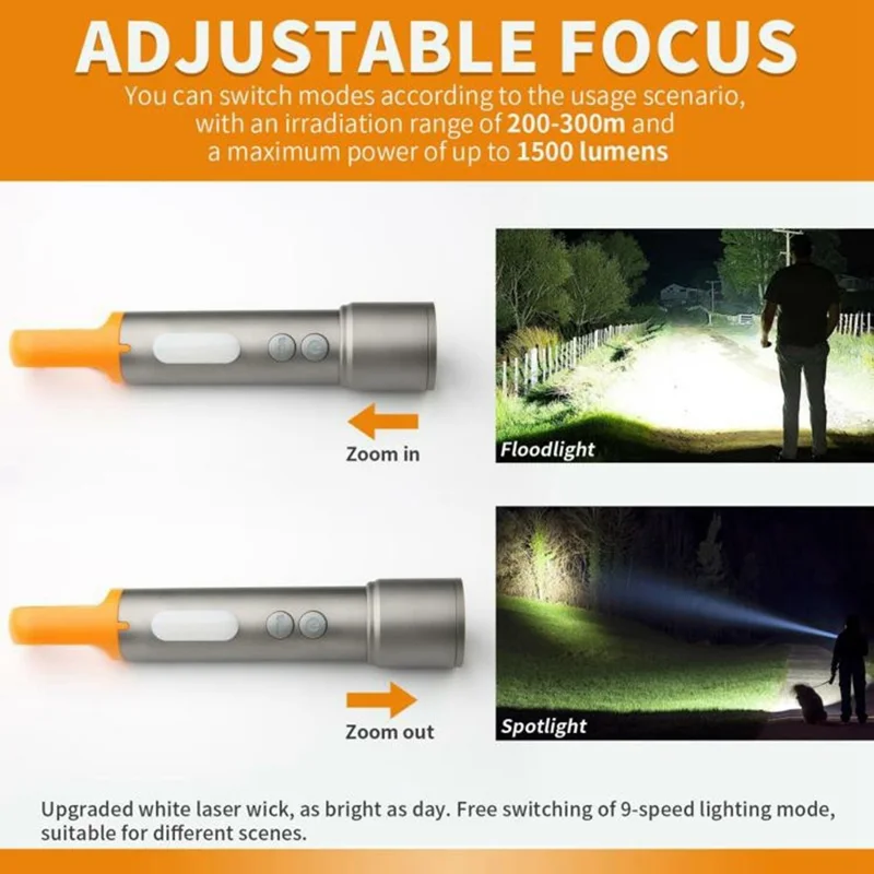 X723 Lampe de poche laser blanche zoomable pour extérieur 800 lm, rechargeable par USB-C, en alliage d'aluminium pour le camping - Argent