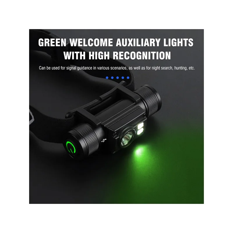 HP500 1000lm Flashlight Aluminum Alloy USB C Fast Charging Outdoor Camping Headlamp Built In 2000mAh Lithium Battery - Green Side Light