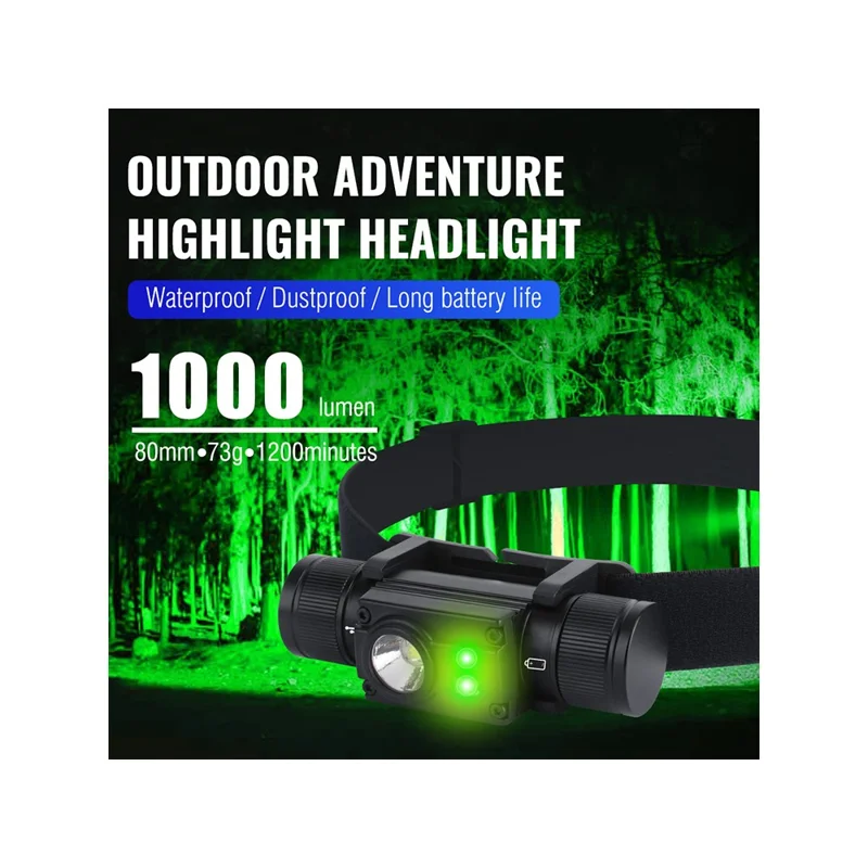 HP500 1000lm Flashlight Aluminum Alloy USB C Fast Charging Outdoor Camping Headlamp Built In 2000mAh Lithium Battery - Green Side Light