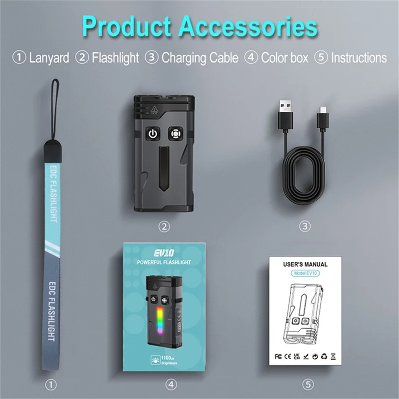 EV10 EDC Mini Flashlight Aluminum Alloy RGB Flood Spotlight IP66 Waterproof Outdoor Emergency Torch