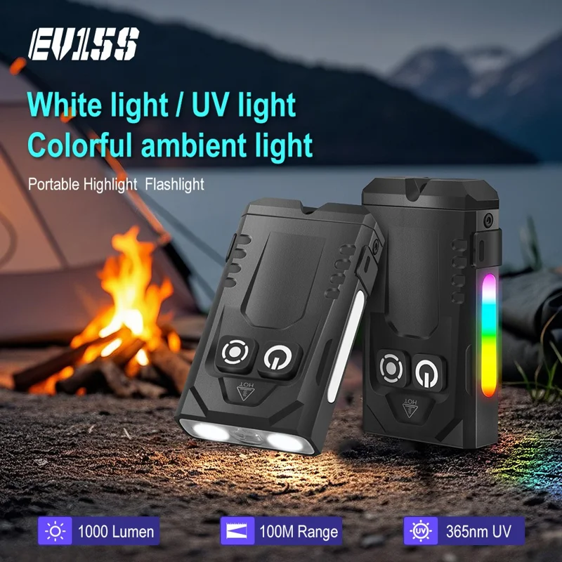 Lanterna Mini de Liga de Alumínio EV15S RGB Luz de Trabalho Magnética com Luz UV 365nm Recarregável