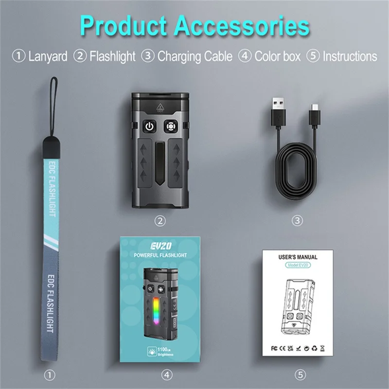 EV20 EDC Mini Flashlight White + UV Light High Power Torch Aluminum Alloy RGB Atmosphere Lamp