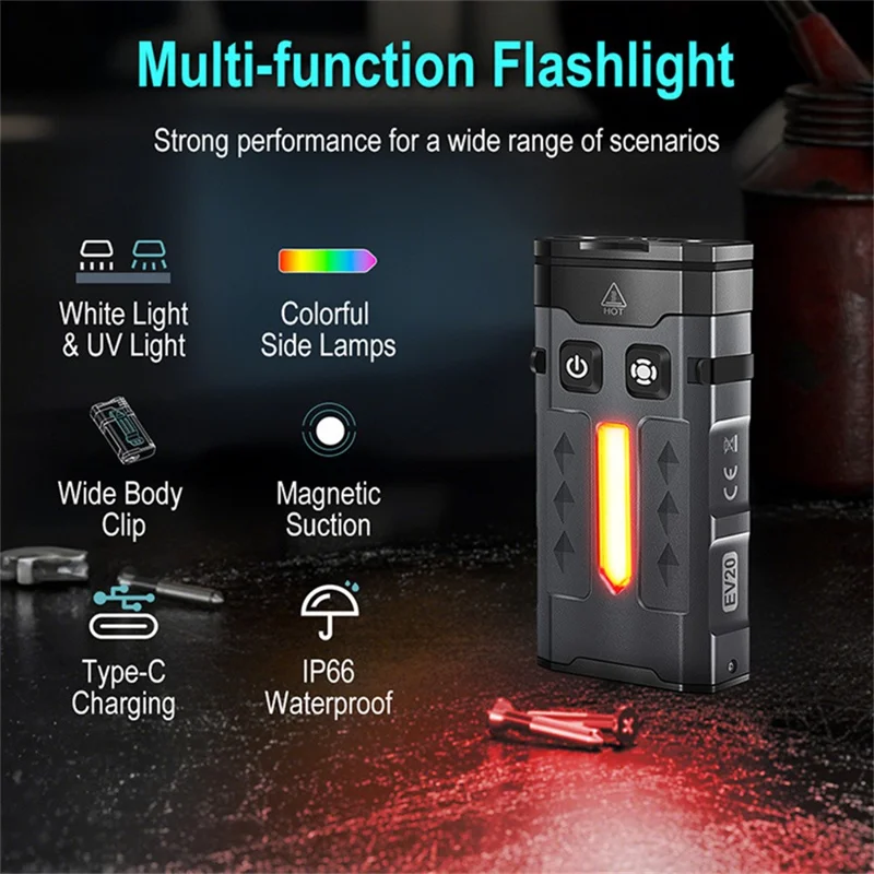 EV20 EDC Mini Flashlight White + UV Light High Power Torch Aluminum Alloy RGB Atmosphere Lamp