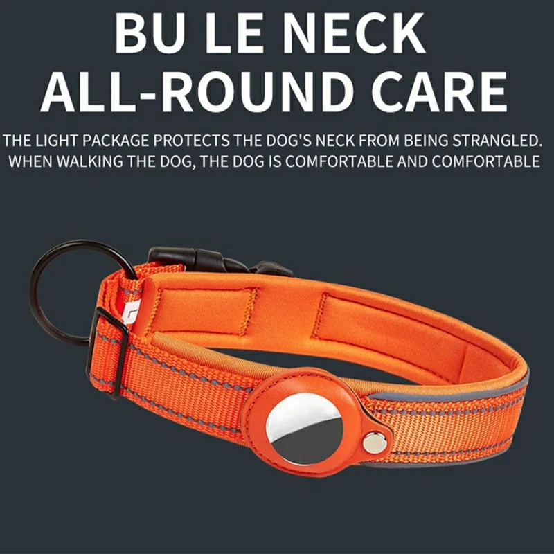 Collar de Cuero PU Reflectante para Perros con Soporte para Seguimiento AirTag, Talla: XL - Negro