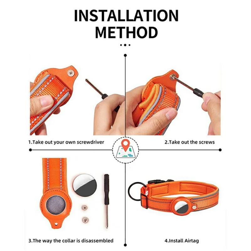 Collar de Cuero PU Reflectante para Perros con Soporte para Seguimiento AirTag, Talla: XL - Negro