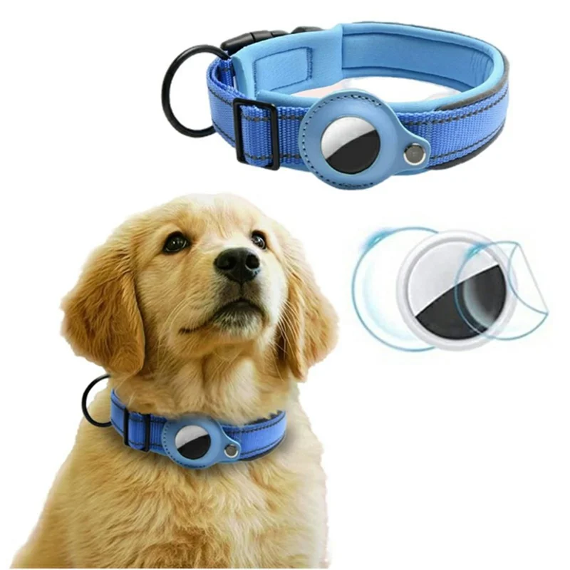 Reflective PU Leather Pet Dog Collar for AirTag Smart Tracker Holder Case, Size: XL - Blue