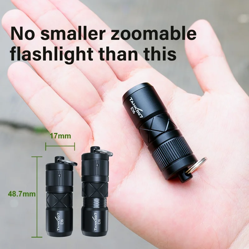 TANK007 E16 Mini Flashlight Zoomable USB Rechargeable Aluminum Alloy Torch with Keychain