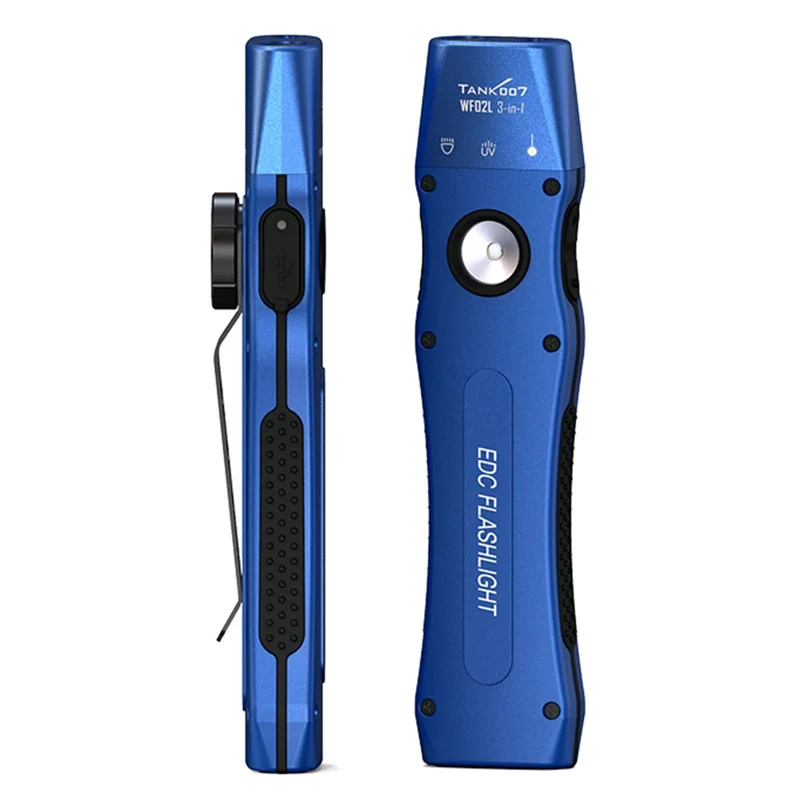 TANK007 WF02L Lanterna Multifuncional EDC à Prova d'Água IP64 Luz Branca, UV e Laser Verde com Clipe Traseiro - Azul
