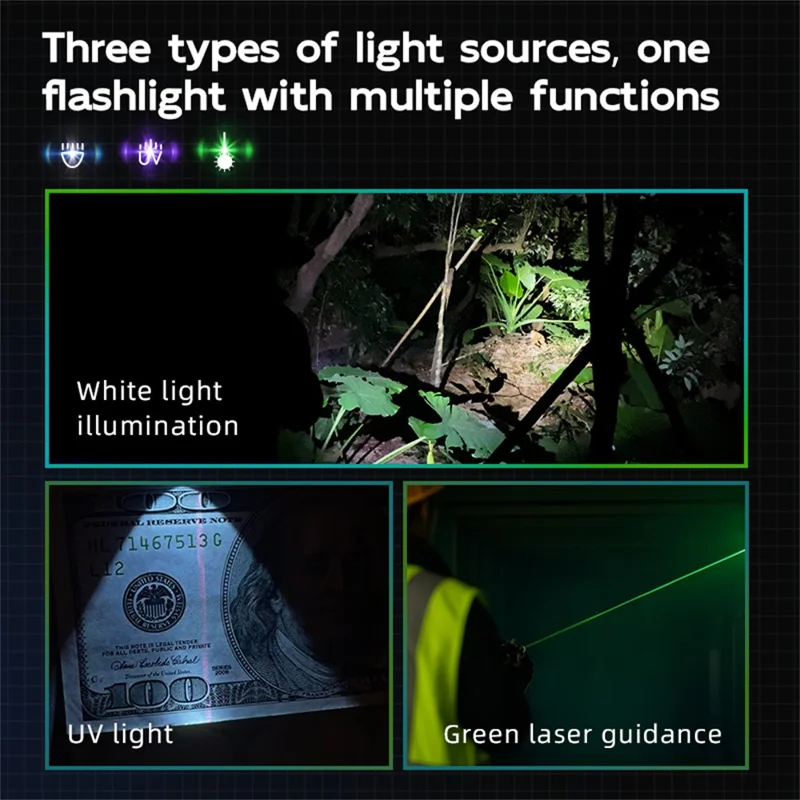 TANK007 WF02L Lanterna Multifuncional EDC à Prova d'Água IP64 Luz Branca, UV e Laser Verde com Clipe Traseiro - Azul