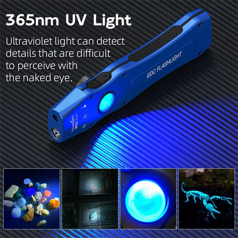 TANK007 WF02L Lanterna Multifuncional EDC à Prova d'Água IP64 Luz Branca, UV e Laser Verde com Clipe Traseiro - Azul