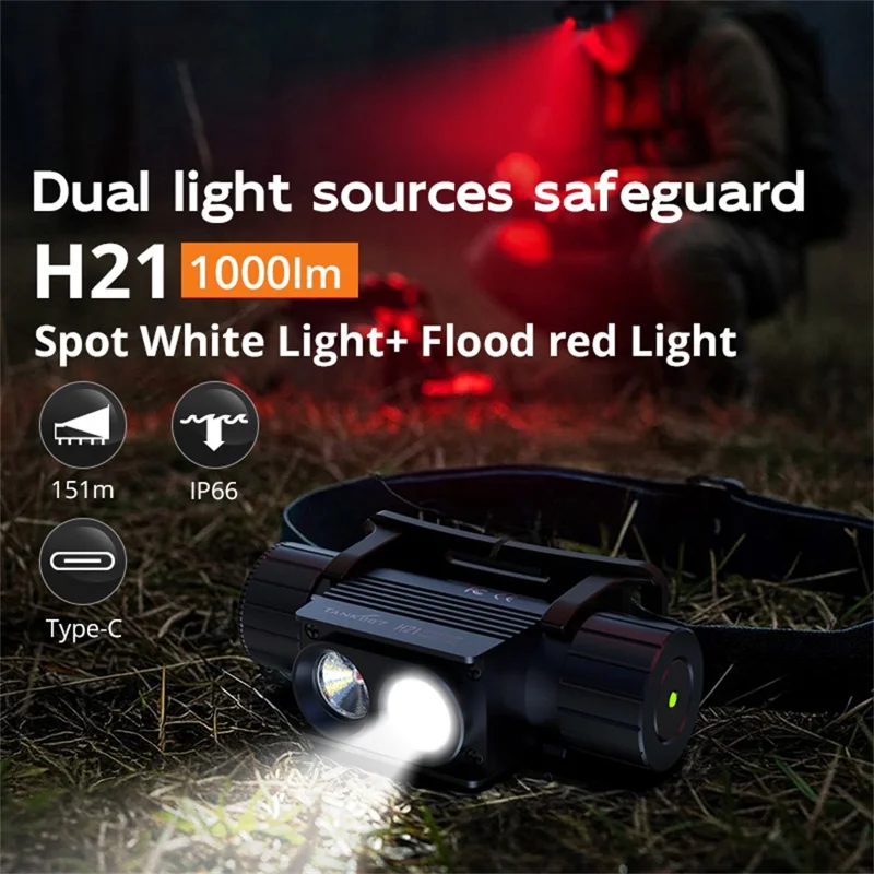 TANK007 H21 Spotlight  /  Floodlight Dual Light Source Headlamp 1000 Lumens Aluminum Alloy Head Torch - White+Red
