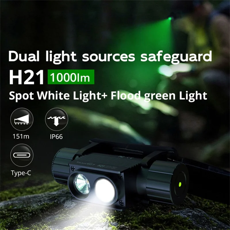 TANK007 H21 Spotlight  /  Floodlight Dual Light Source Headlamp 1000 Lumens Aluminum Alloy Head Torch - White+Green