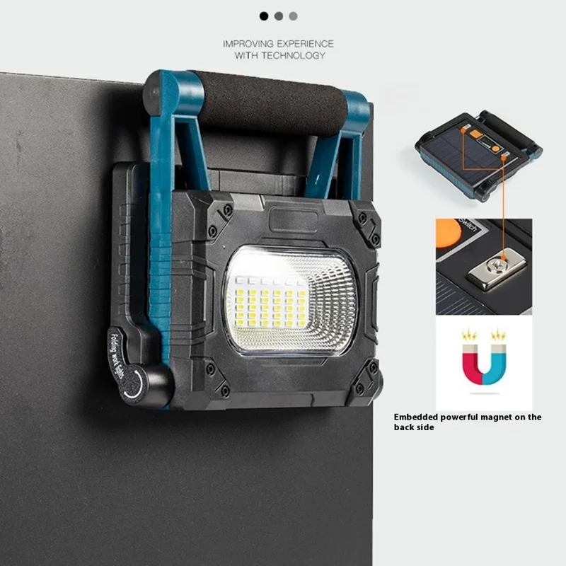 W875-2 Lampe de travail solaire pliable avec support, projecteur COB, lampe portable d'urgence extérieure