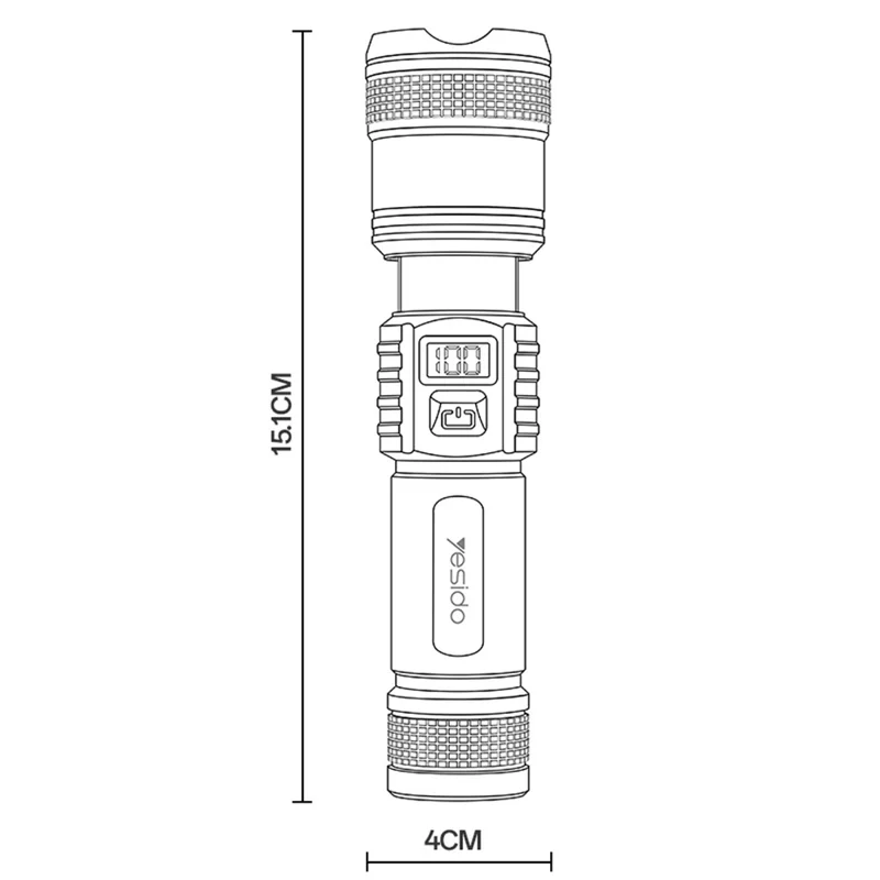 YESIDO TC11 مصباح يدوي قابل للتمدد مع تكبير رقمي LED ليزر أبيض 3 أوضاع قابل لإعادة الشحن مع شاشة رقمية