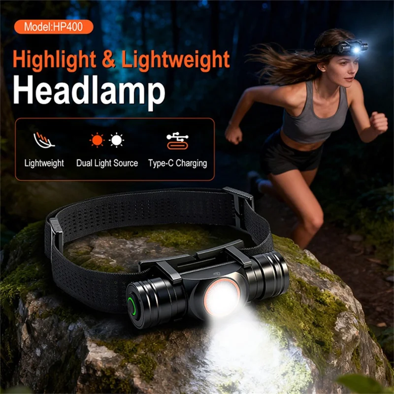 HP400 lysstærk hovedlampe i aluminiumslegering med 2500 mAh batteri, LED-hovedlygte til udendørs brug, vandtæt til cykling, løb og camping