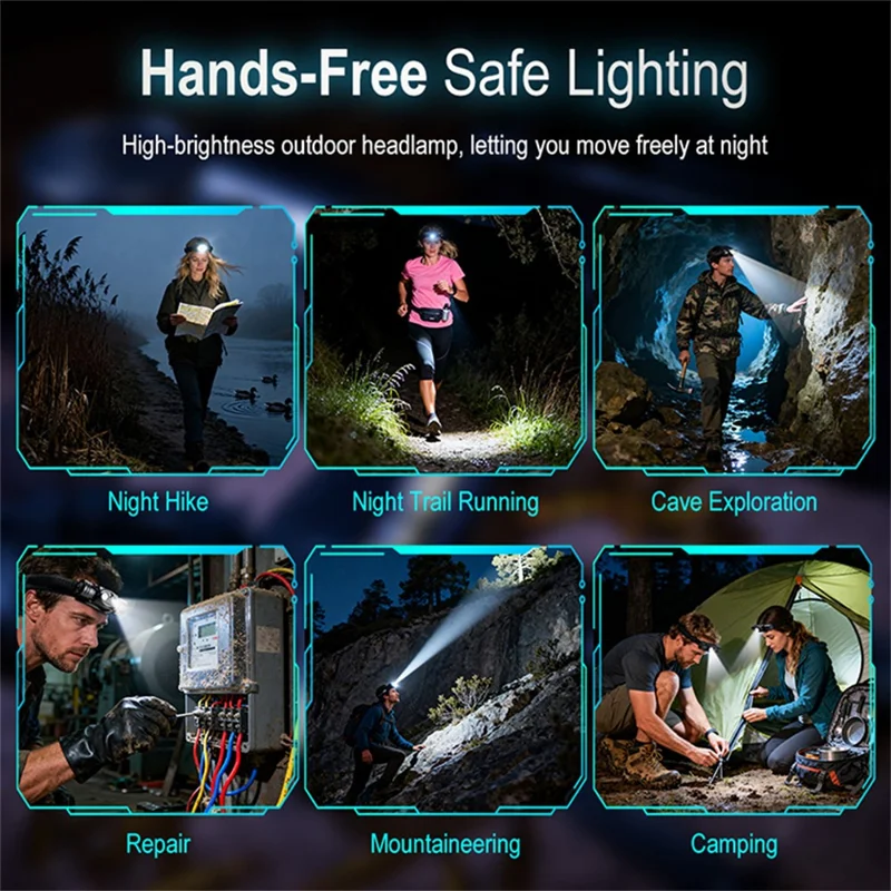 HP440 IP67 vandtæt genopladelig hovedlampe med 2500 mAh batteri, aluminiumslegering, højlysende hovedlygte, høj/ lav stråle/ rødt lys til udendørs brug