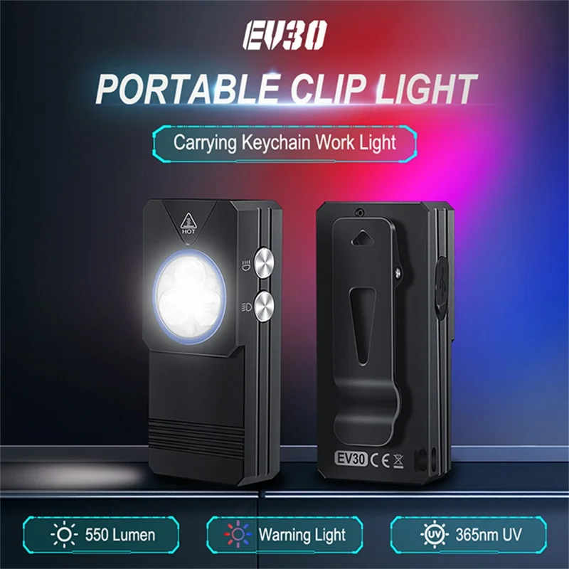 EV30 550 Lumens Brightness EDC Multi-Function Flashlight IP66 Waterproof Aluminum Alloy Clip Magnetic Work Light with UV Detection Red Blue Flash