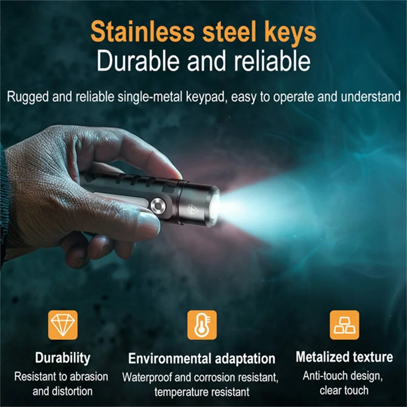 Linterna de aleación de aluminio impermeable RJ28 IP66 para llavero, 410 lúmenes, luz brillante con imán trasero y clip para bolígrafo