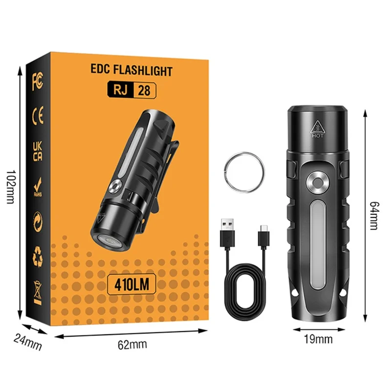 Linterna de aleación de aluminio impermeable RJ28 IP66 para llavero, 410 lúmenes, luz brillante con imán trasero y clip para bolígrafo