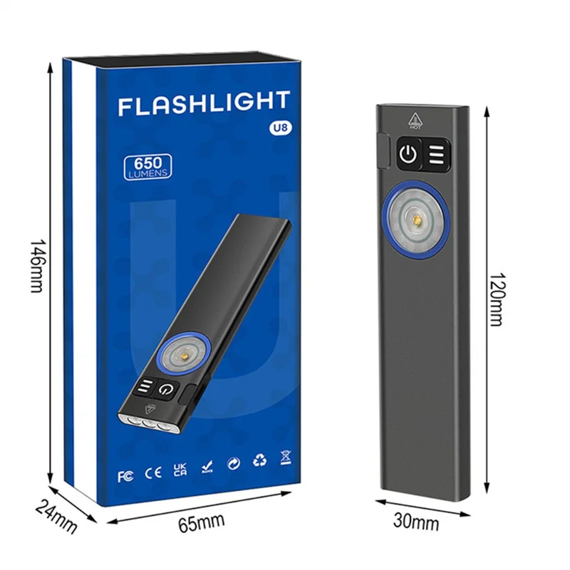 U8 IP67 Waterproof Aluminum Alloy Flashlight with Yellow and RGB Lights 650 Lumens Brightness Multi-Function Magnetic Torch