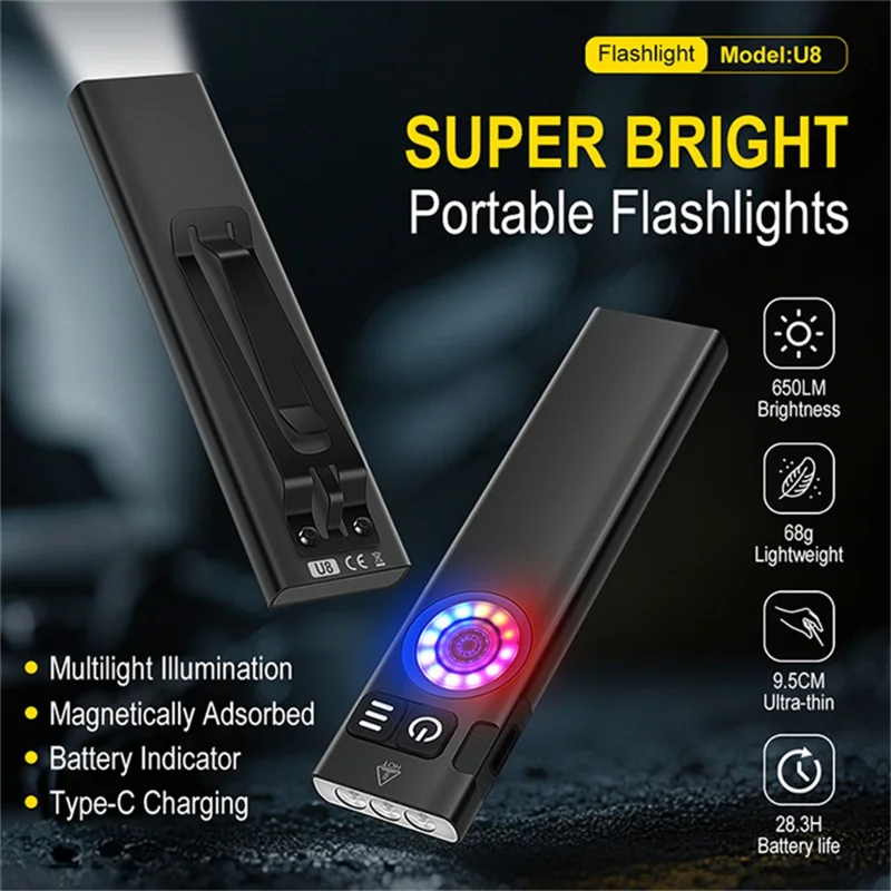 U8 IP67 Waterproof Aluminum Alloy Flashlight with Yellow and RGB Lights 650 Lumens Brightness Multi-Function Magnetic Torch