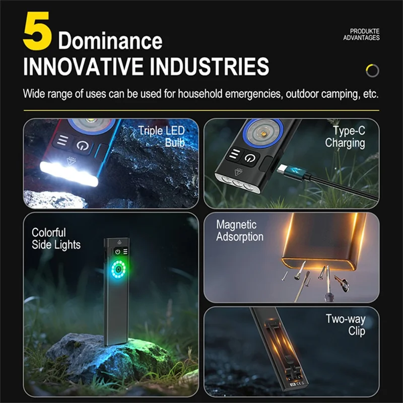 U8 IP67 Waterproof Aluminum Alloy Flashlight with Yellow and RGB Lights 650 Lumens Brightness Multi-Function Magnetic Torch