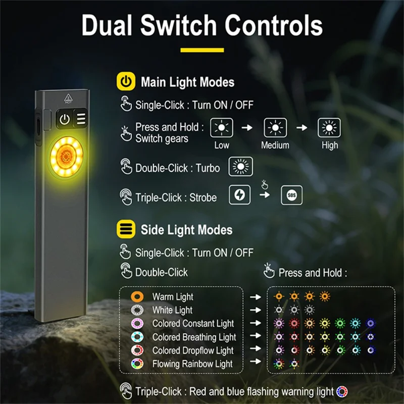 U8 IP67 Waterproof Aluminum Alloy Flashlight with Yellow and RGB Lights 650 Lumens Brightness Multi-Function Magnetic Torch