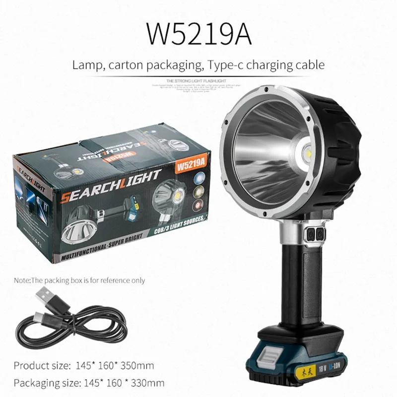 Linterna de mano tamaño L W5219A con batería externa de 6500 mAh, luz de trabajo LED P50 + COB con puerto DC