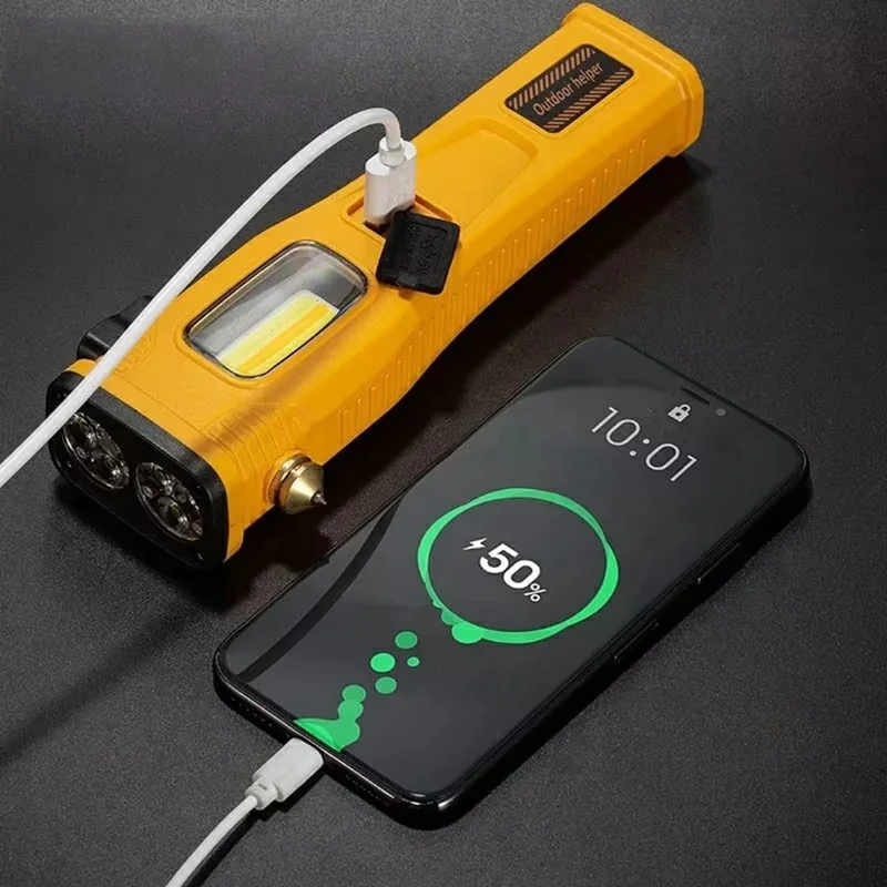 W5214 Multifunctionele Werklamp Zonne- Noodlicht voor Auto met Sterke Magneet / Ruitbreker / Veiligheidshamer - Geel