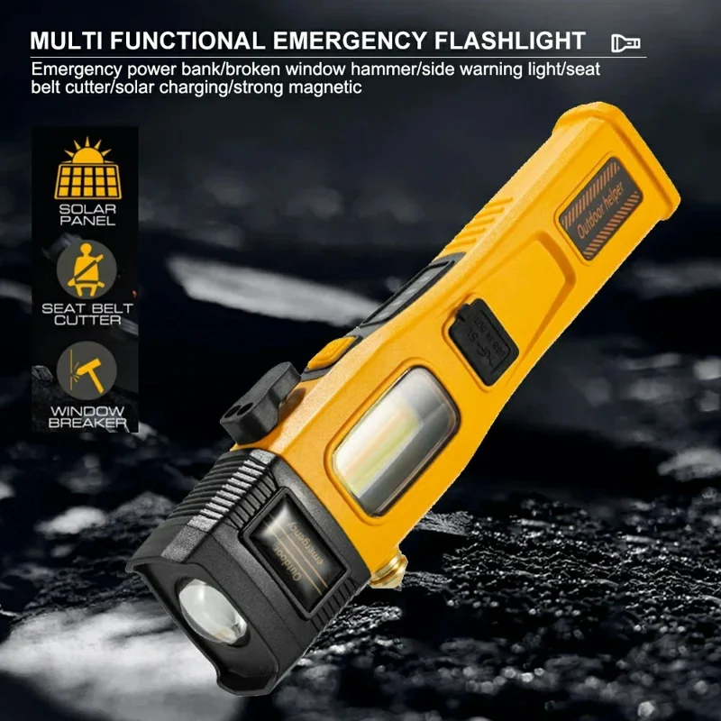 W5215 Instelbare multifunctionele werklamp auto nooddief met sterke magneet / ruitbreker / veiligheidshamer - Geel