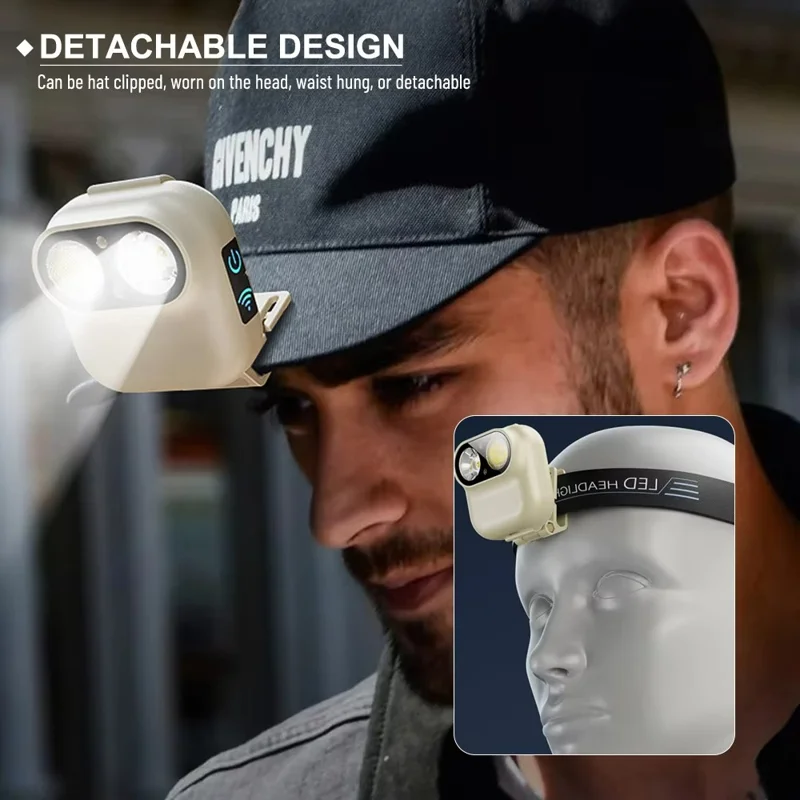WJ-809 LED Dual Light Source Portable Outdoor Motion Sensor Headlamp Type-C Charging Work Light - Beige