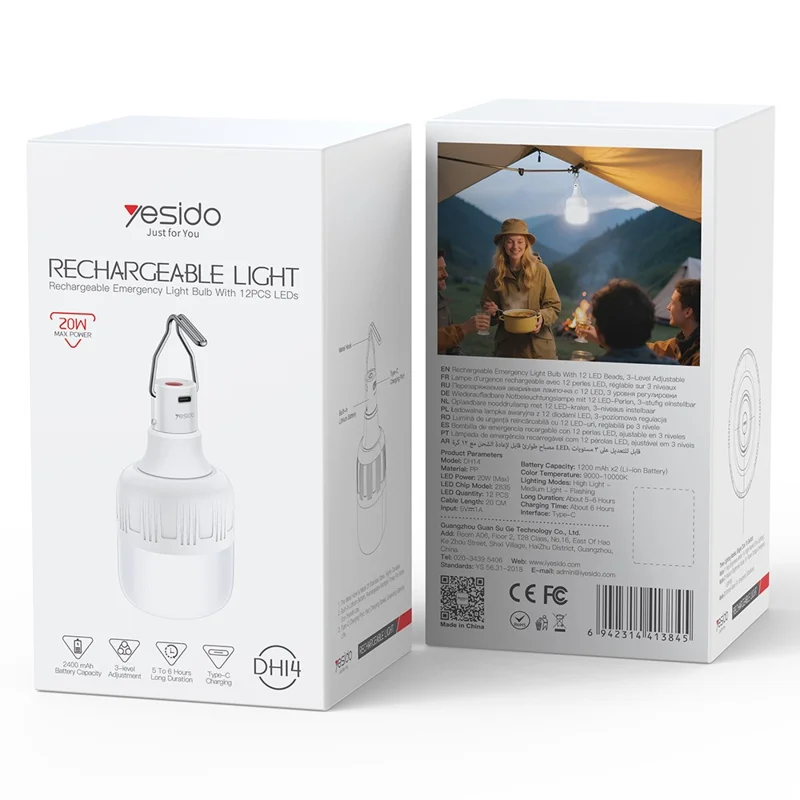 YESIDO DH14 Lampadina d'Emergenza Ricaricabile con 12 LED, Lanterna da Campeggio Regolabile su 3 Livelli, Bianca