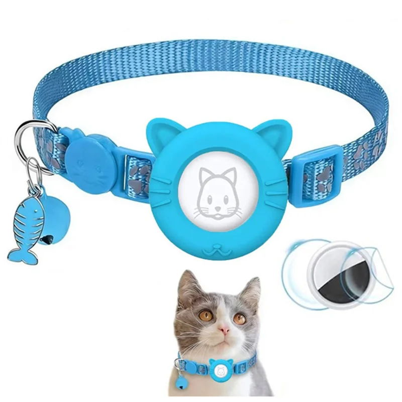 For AirTag Tracker Cat Ears Design Silicone Case Reflective Paw Print Pet Collar with Protective Film - Blue