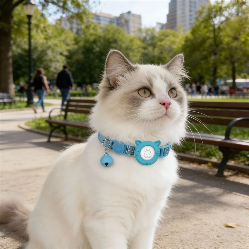 For AirTag Tracker Cat Ears Design Silicone Case Reflective Paw Print Pet Collar with Protective Film - Blue