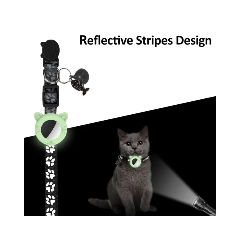 For AirTag Tracker Cat Ears Design Silicone Case Reflective Paw Print Pet Collar with Protective Film - Blue