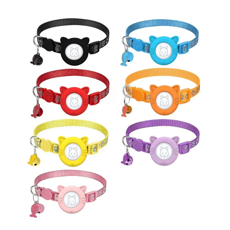 For AirTag Tracker Cat Ears Design Silicone Case Reflective Paw Print Pet Collar with Protective Film - Blue