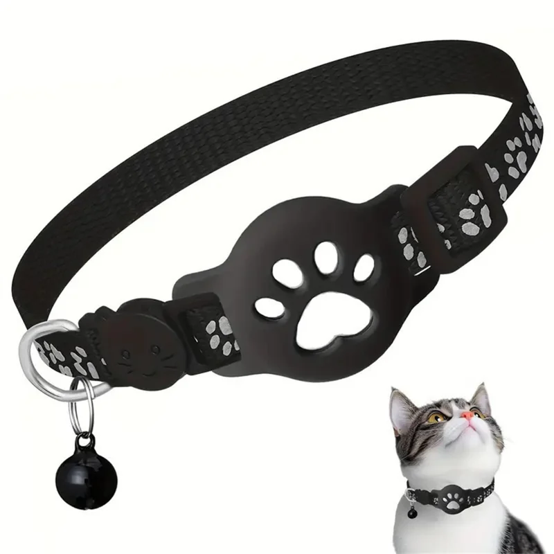 Silikonhülle für Apple AirTag GPS-Tracker, reflektierendes Pfotenabdruck-Halsband mit Glocke für Katzen und Hunde - Schwarz