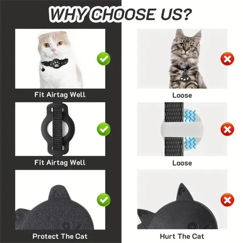 Silikonhülle für Apple AirTag GPS-Tracker, reflektierendes Pfotenabdruck-Halsband mit Glocke für Katzen und Hunde - Schwarz