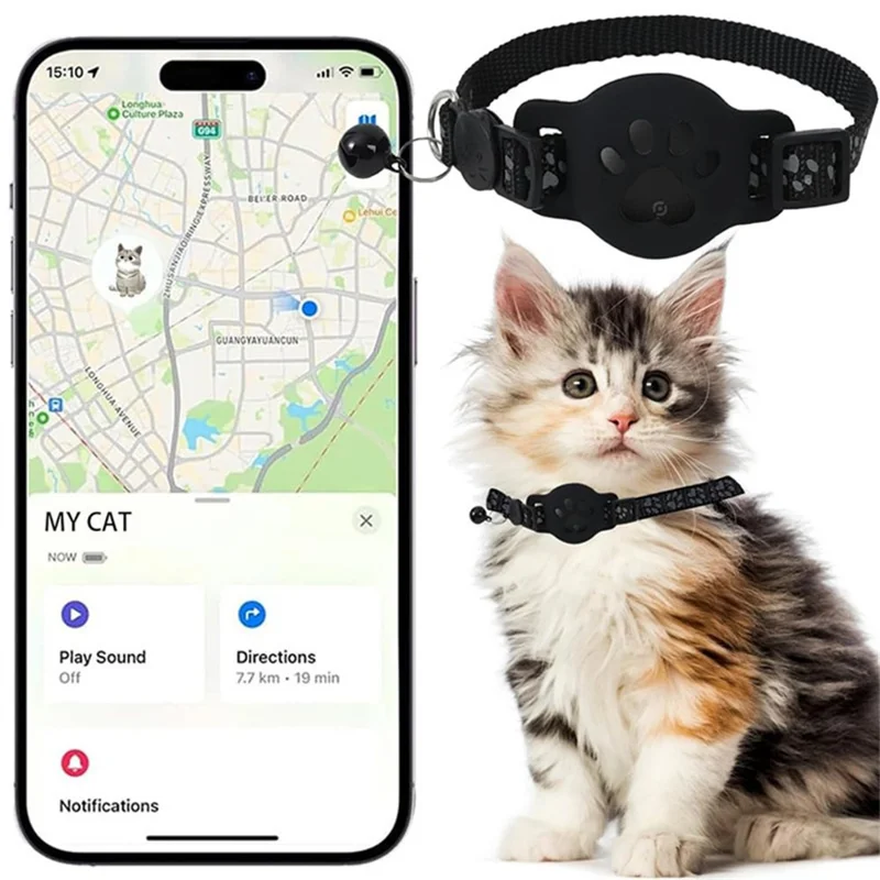 Silikonhülle für Apple AirTag GPS-Tracker, reflektierendes Pfotenabdruck-Halsband mit Glocke für Katzen und Hunde - Schwarz