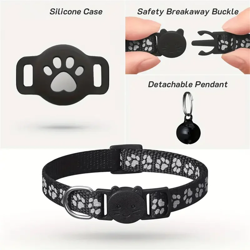 Silikonhülle für Apple AirTag GPS-Tracker, reflektierendes Pfotenabdruck-Halsband mit Glocke für Katzen und Hunde - Schwarz
