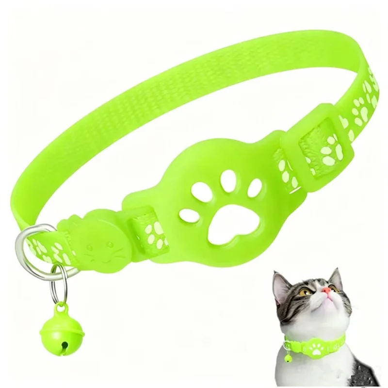 Silicone Case for Apple AirTag GPS Tracker Reflective Paw Print Pet Collar with Bell for Cats Dogs - Green