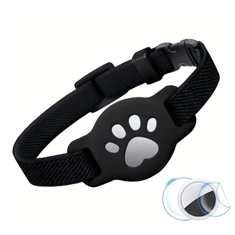 Funda de silicona para collar de gato con AirTag de Apple, soporte para rastreador con diseño de huella de pata y película protectora - Negro