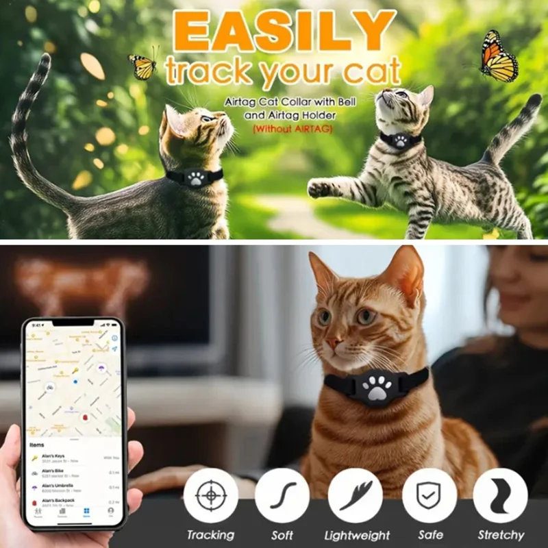 Funda de silicona para collar de gato con AirTag de Apple, soporte para rastreador con diseño de huella de pata y película protectora - Negro